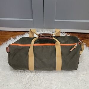 WORK HARD PLAY  Olive Green Duffel Bag with Tan Straps